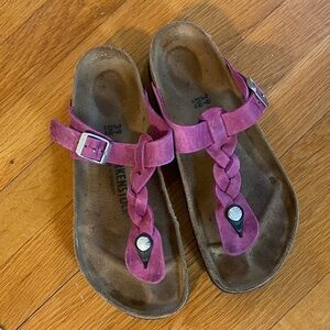 Birkenstock Braided T-Strap Sandals in Magenta Suede